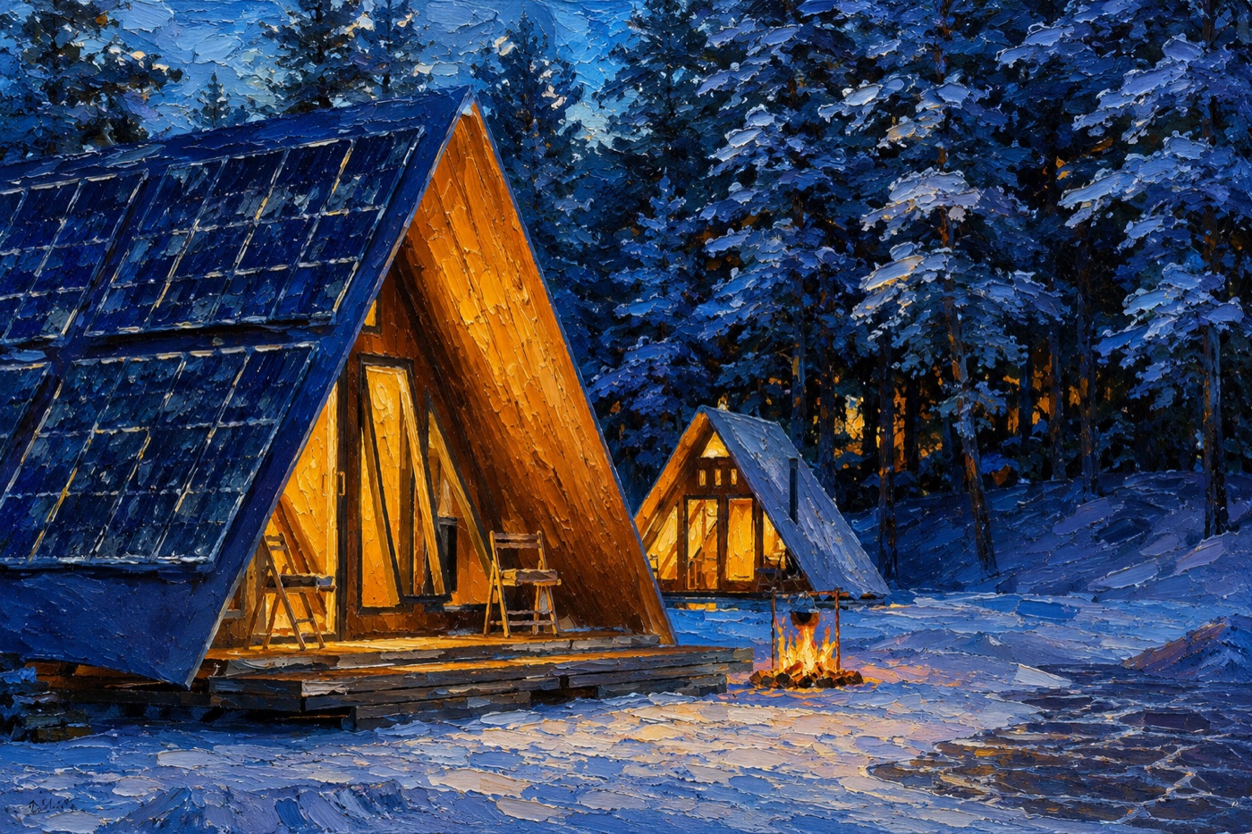 Digital oil painting of A-frame cabins with solar roofs in a snowy forest at dusk