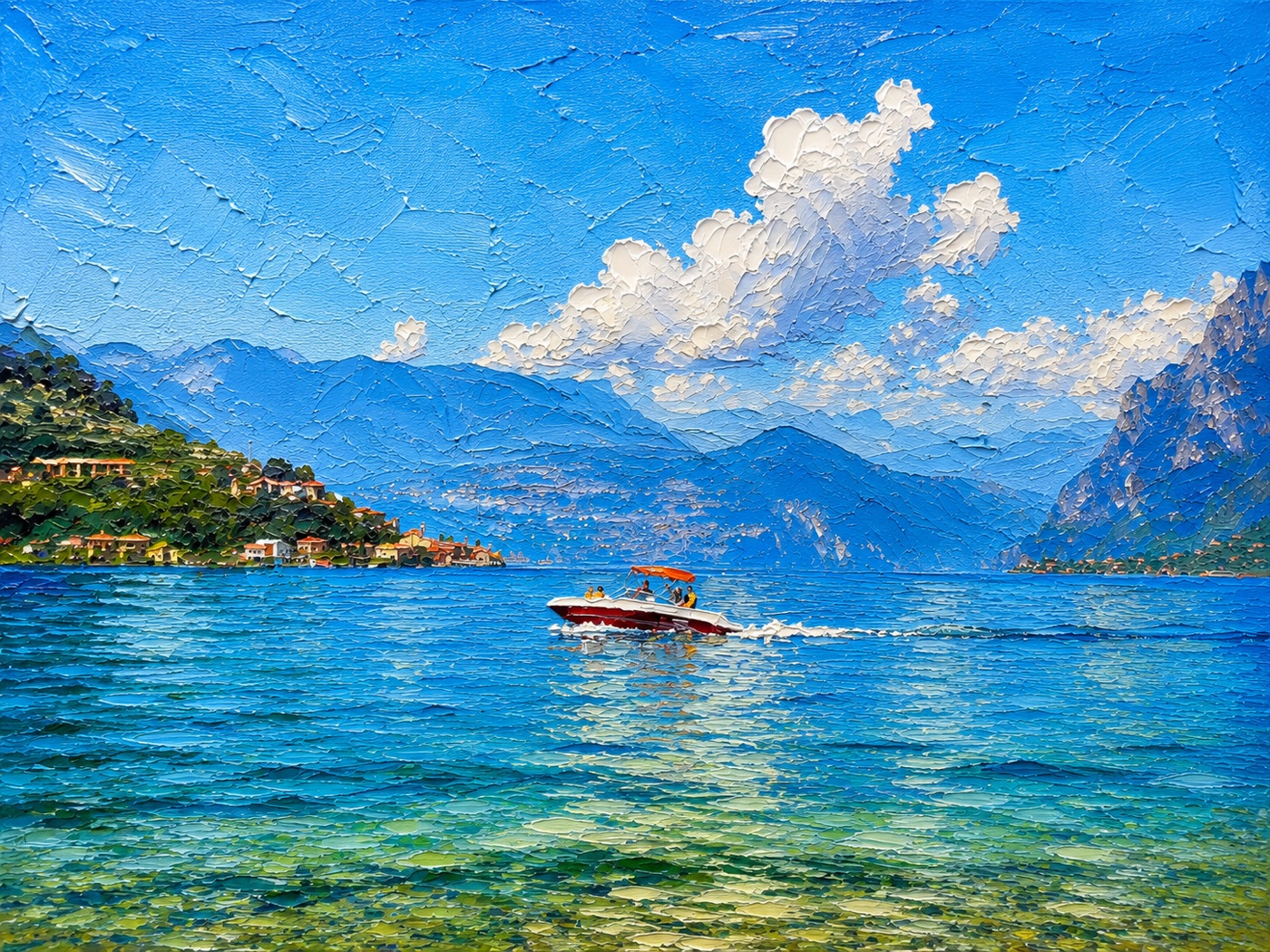 Digital oil painting of a motorboat on an alpine lake under cumulus clouds